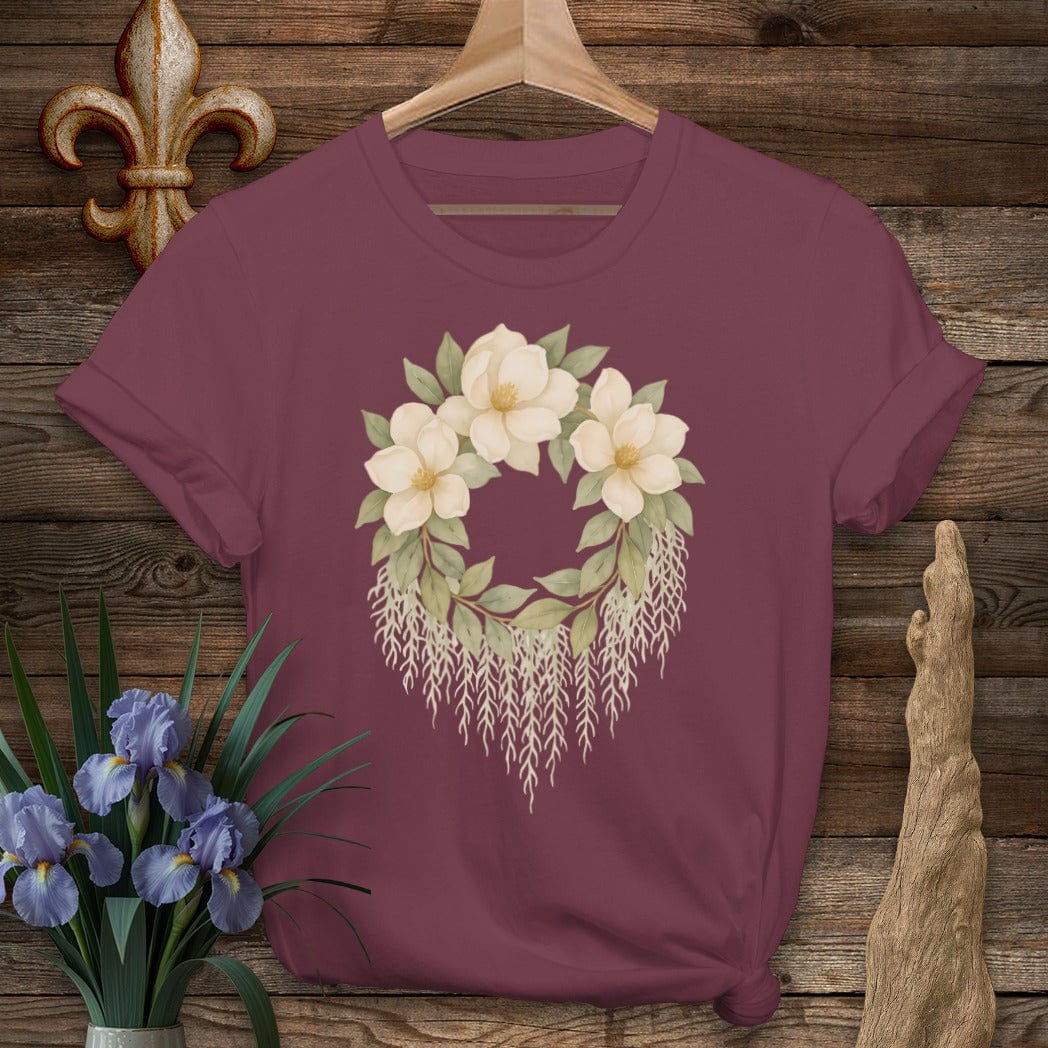 S / Maroon Louisiana Magnolias & Moss T-Shirt by Laissez Faire Wear