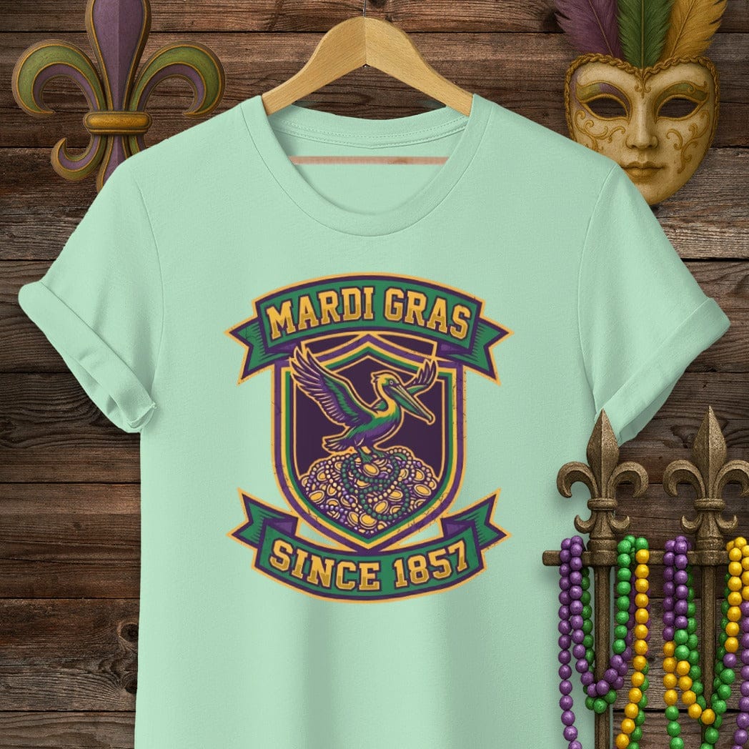 S / Mint Green Louisiana Mardi Gras Crest T-Shirt by Laissez Faire Wear