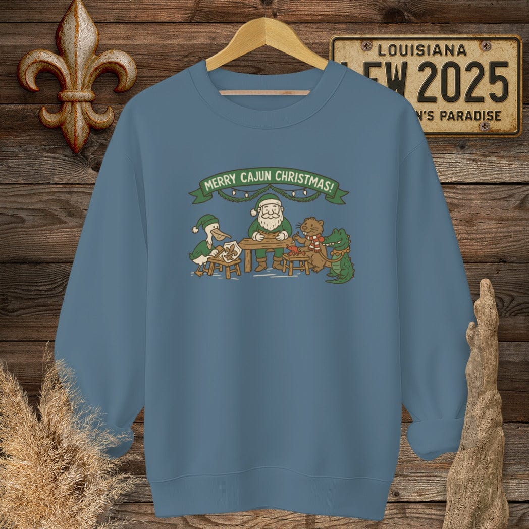 S / Indigo Blue Louisiana Merry Cajun Christmas Sweatshirt by Laissez Faire Wear