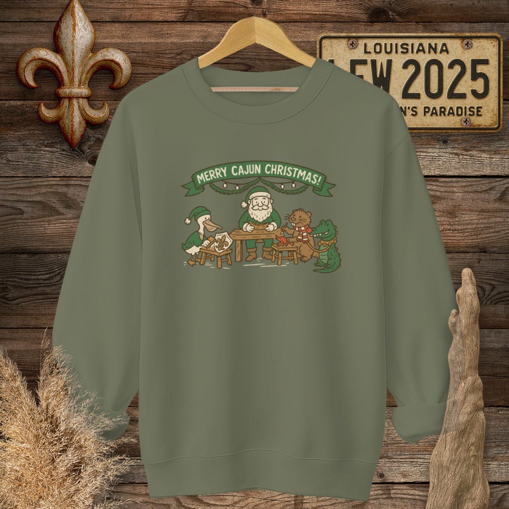 S / Military Green Louisiana Merry Cajun Christmas Sweatshirt by Laissez Faire Wear