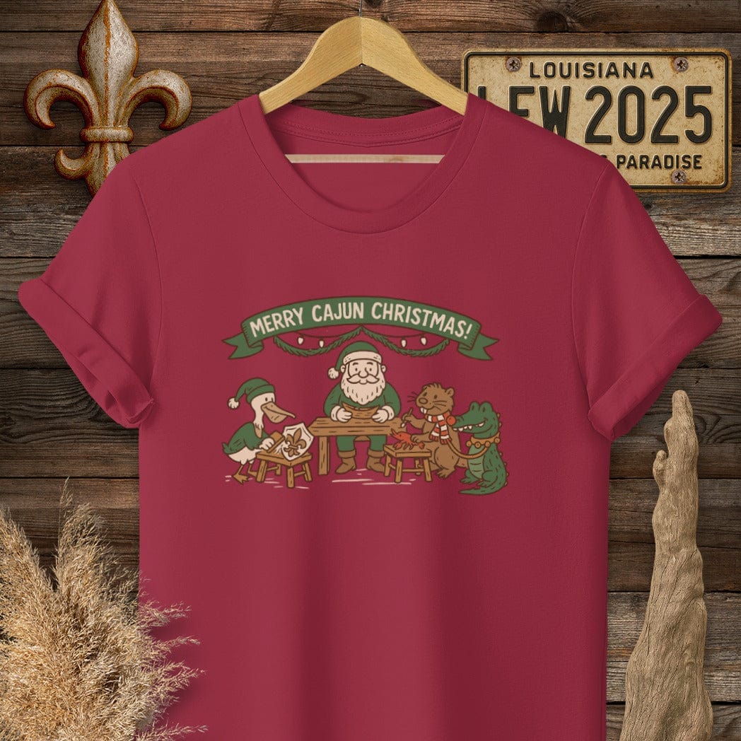 S / Cardinal Red Louisiana Merry Cajun Christmas T-Shirt by Laissez Faire Wear