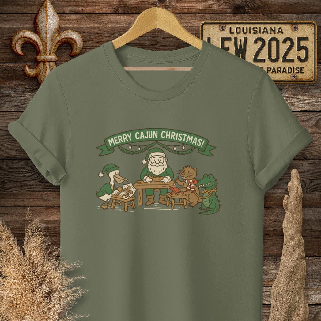 S / Military Green Louisiana Merry Cajun Christmas T-Shirt by Laissez Faire Wear