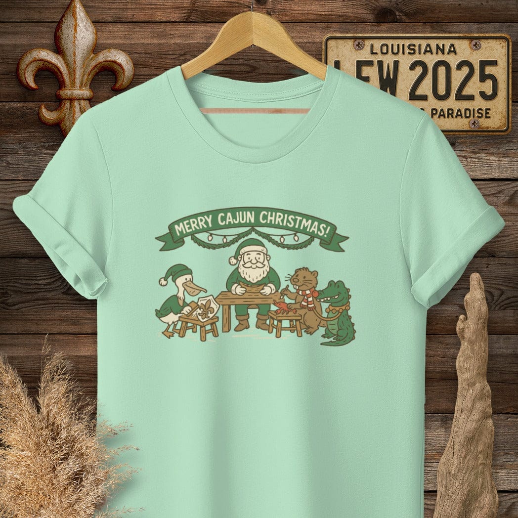 S / Mint Green Louisiana Merry Cajun Christmas T-Shirt by Laissez Faire Wear