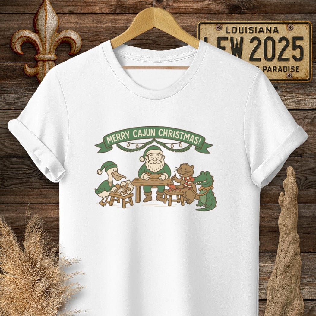 S / White Louisiana Merry Cajun Christmas T-Shirt by Laissez Faire Wear