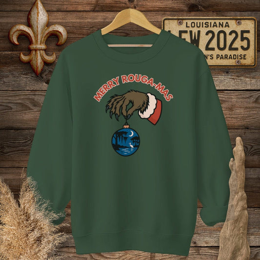 S / Forest Green Louisiana Merry Rouga-mas Christmas Sweatshirt by Laissez Faire Wear