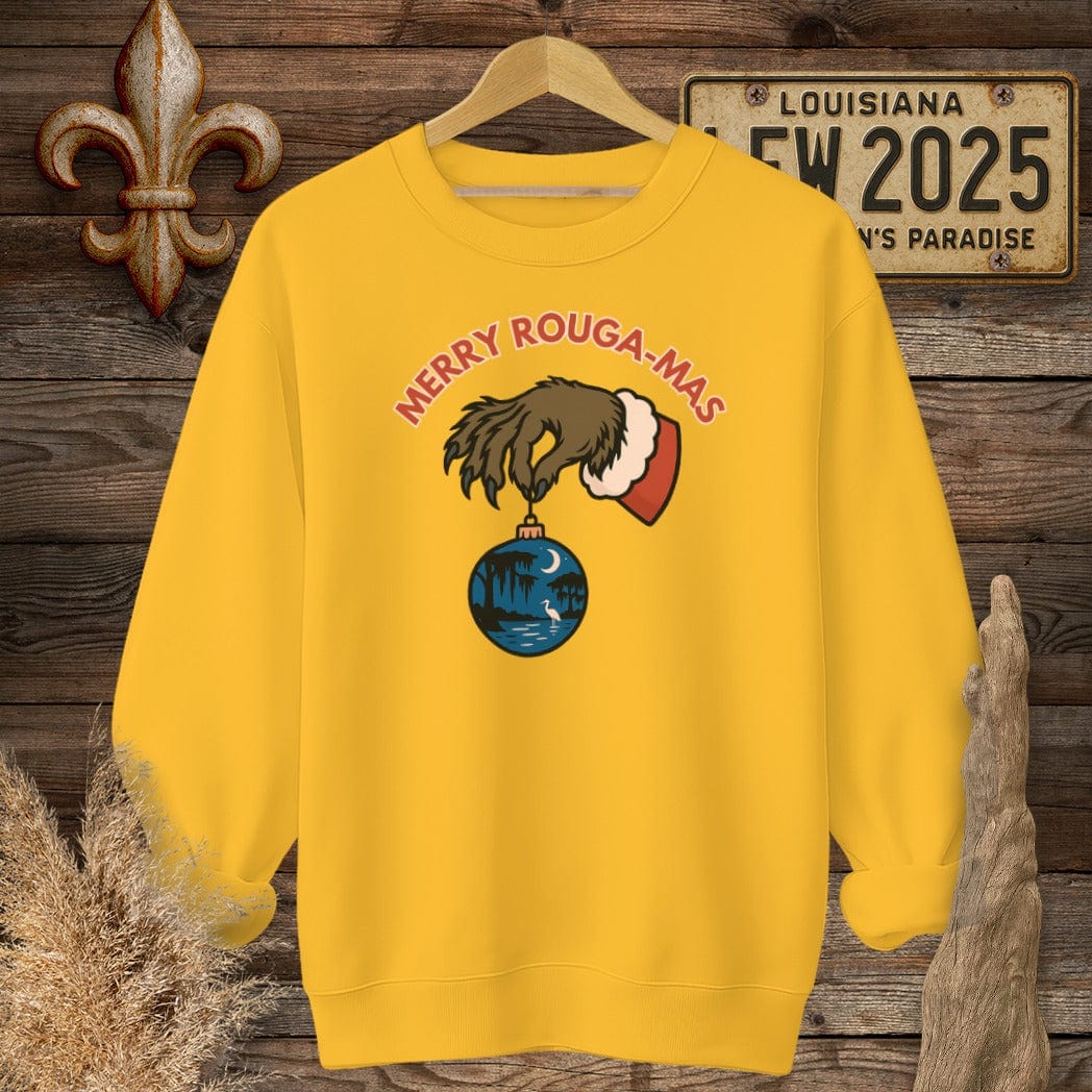 S / Gold Louisiana Merry Rouga-mas Christmas Sweatshirt by Laissez Faire Wear