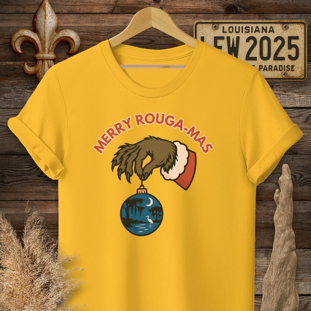 S / Gold Louisiana Merry Rouga-mas Christmas T-Shirt by Laissez Faire Wear