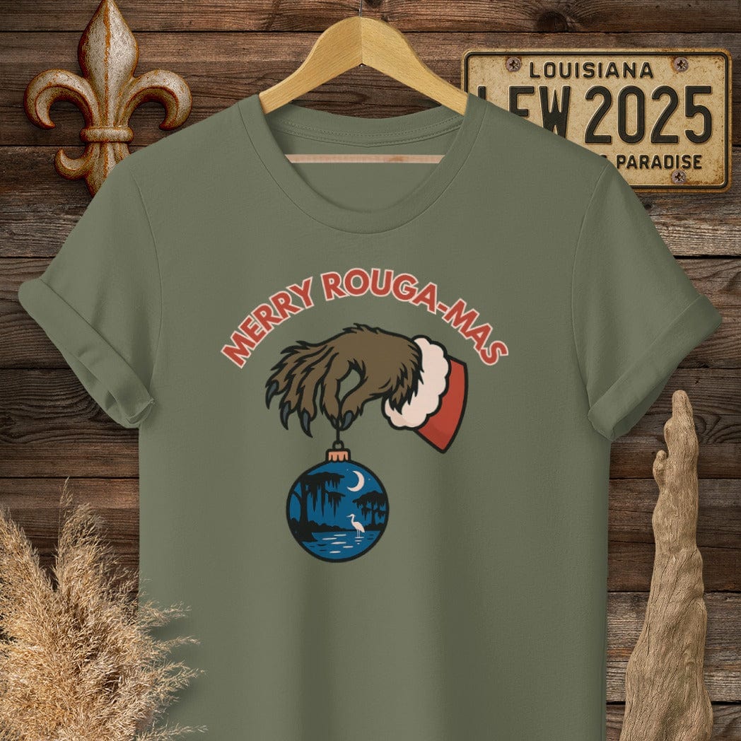 S / Military Green Louisiana Merry Rouga-mas Christmas T-Shirt by Laissez Faire Wear