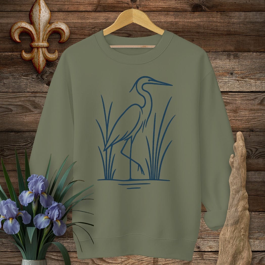 S / Military Green Louisiana Minimalist Heron Sweatshirt by Laissez Faire Wear