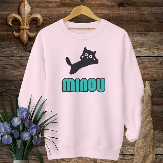 S / Light Pink Louisiana Minou (Cat) Cajun French Sweatshirt by Laissez Faire Wear