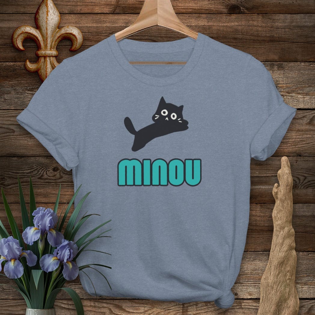 S / Heather Indigo Louisiana Minou (Cat) Cajun French T-Shirt by Laissez Faire Wear