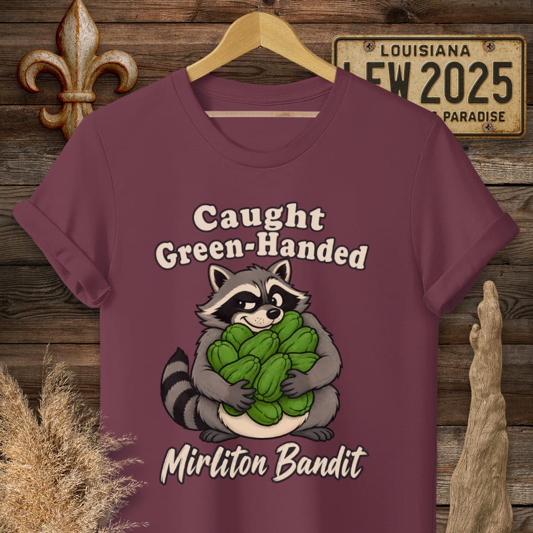S / Maroon Louisiana Mirliton Bandit T-Shirt by Laissez Faire Wear