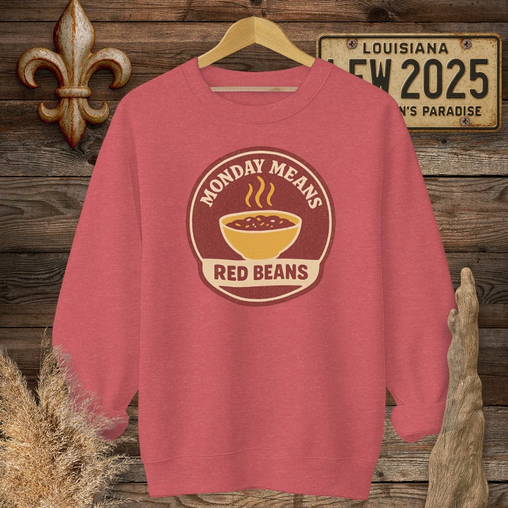 S / Heather Scarlet Red Louisiana Monday Means Red Beans Sweatshirt by Laissez Faire Wear