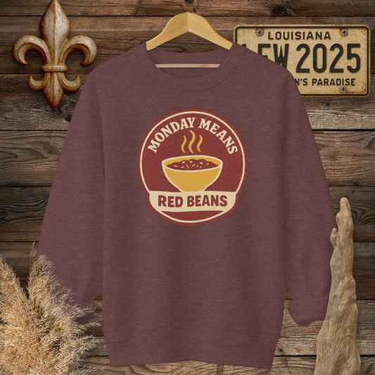 S / Heather Sport Dark Maroon Louisiana Monday Means Red Beans Sweatshirt by Laissez Faire Wear