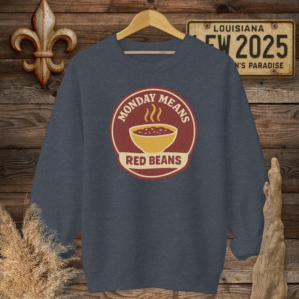 S / Heather Sport Dark Navy Louisiana Monday Means Red Beans Sweatshirt by Laissez Faire Wear
