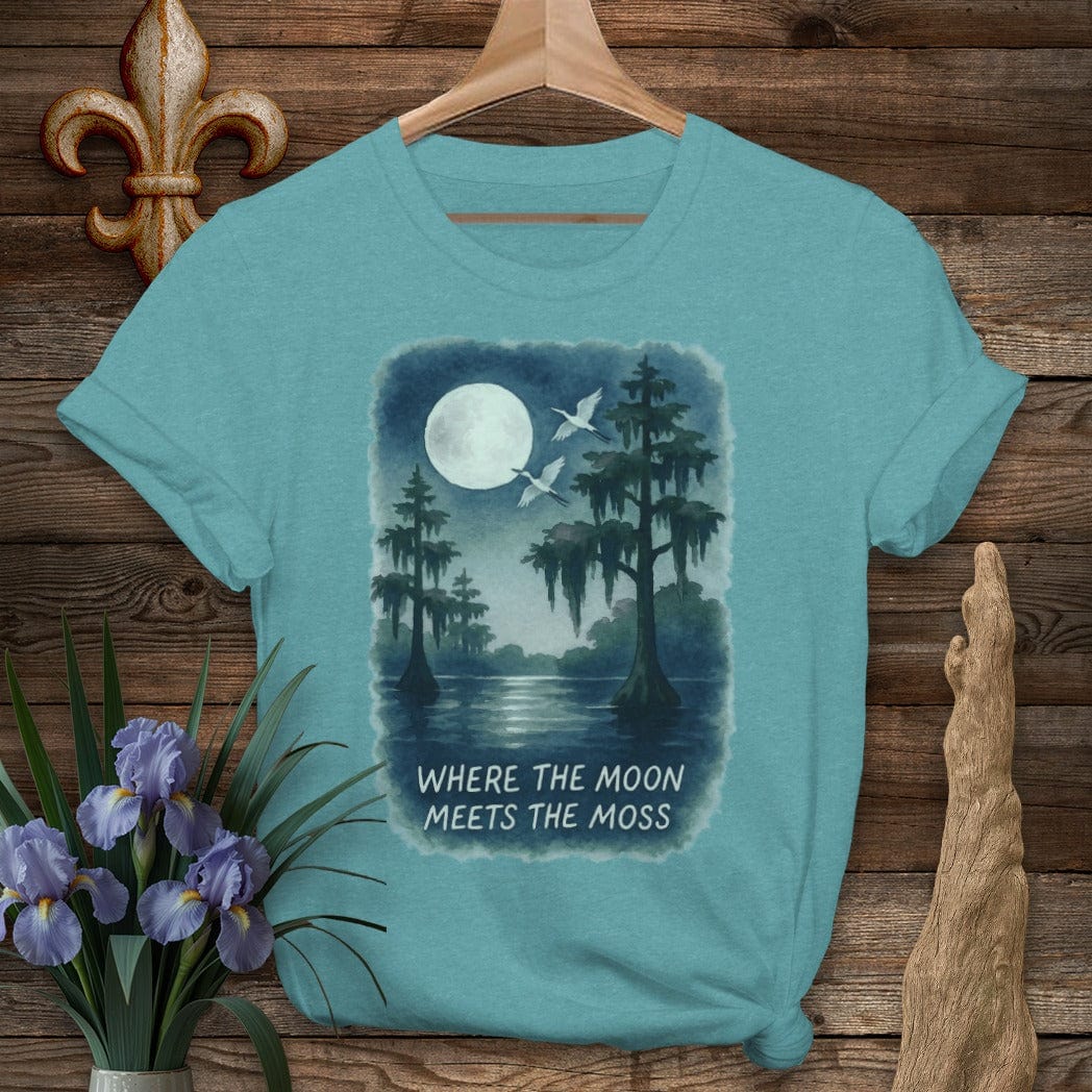 S / Heather Galapagos Blue Louisiana Moon Meets Moss T-Shirt by Laissez Faire Wear