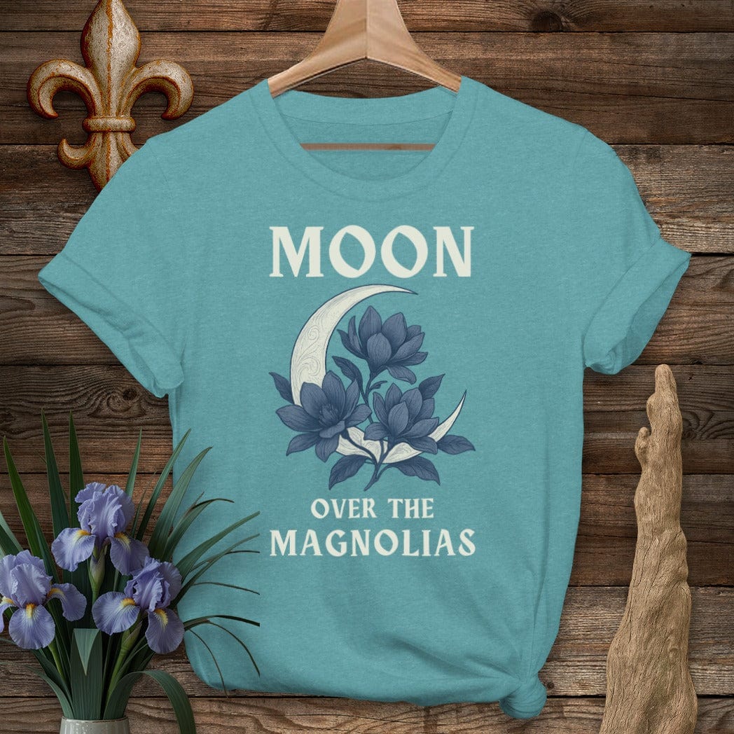 S / Heather Galapagos Blue Louisiana Moon Over the Magnolias T-Shirt by Laissez Faire Wear
