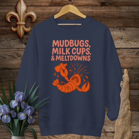 S / Navy Louisiana Mudbugs, Milk Cups & Meltdowns Funny Mom Sweatshirt by Laissez Faire Wear