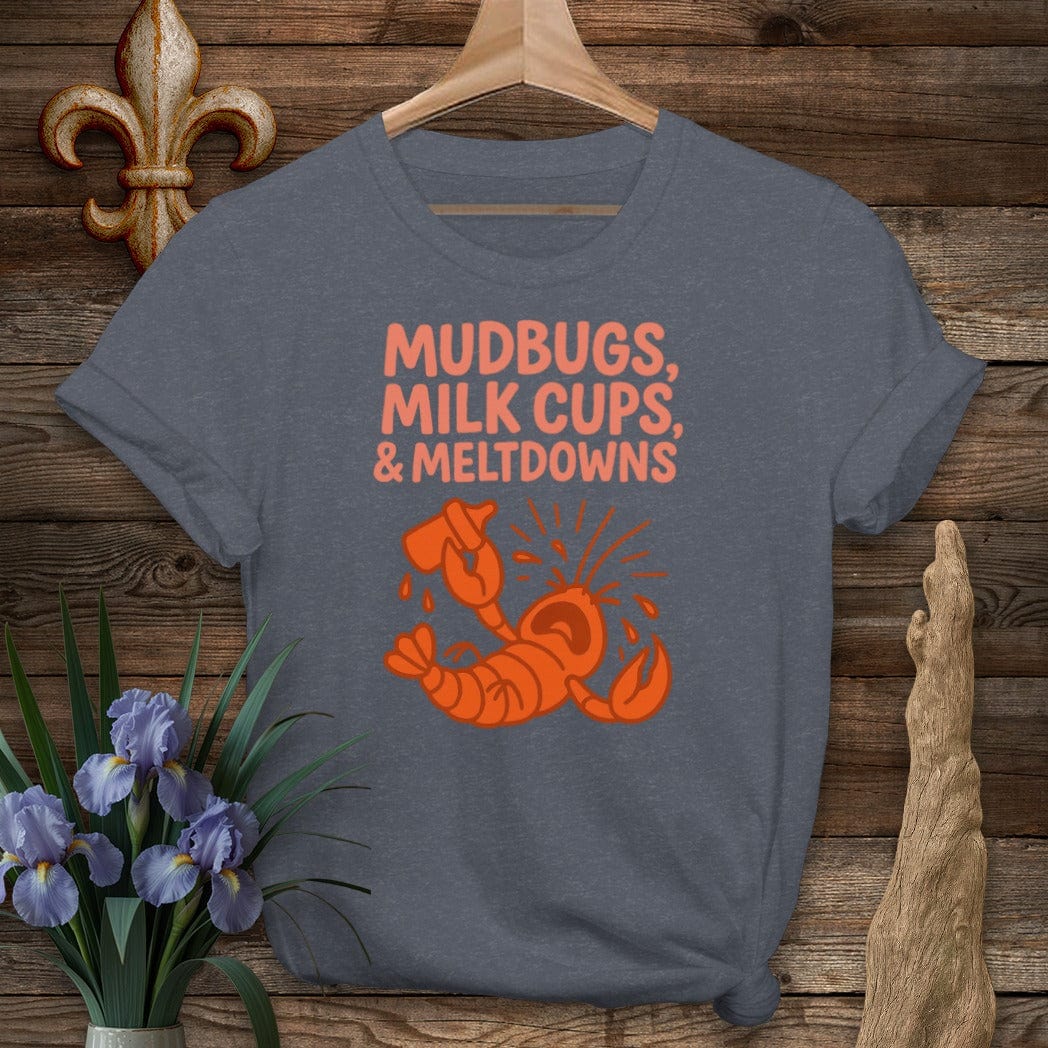 S / Heather Navy Louisiana Mudbugs, Milk Cups & Meltdowns Funny Mom T-Shirt by Laissez Faire Wear
