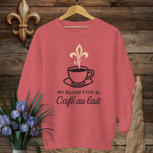 S / Heather Scarlet Red Louisiana My Blood Type Cafe Au Lait Sweatshirt by Laissez Faire Wear