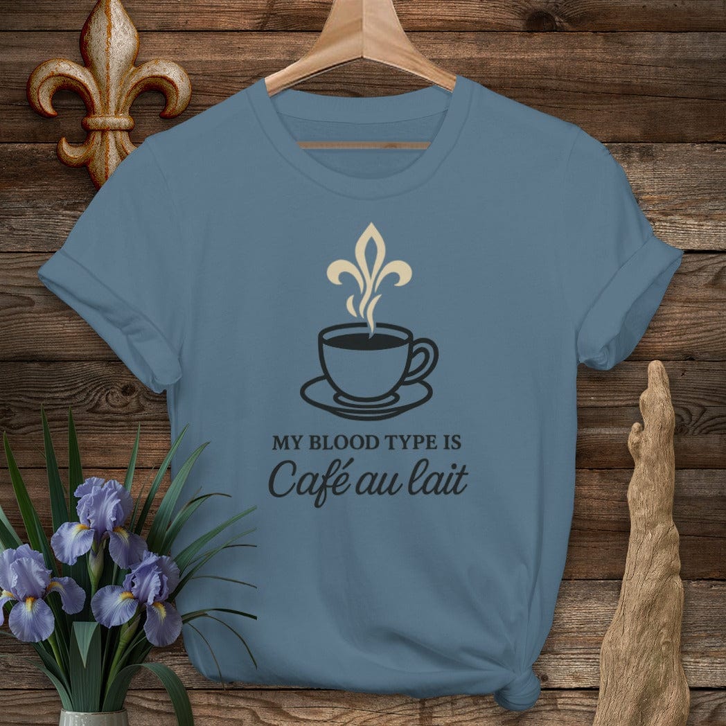 S / Indigo Blue Louisiana My Blood Type Is Cafe Au Lait T-Shirt by Laissez Faire Wear