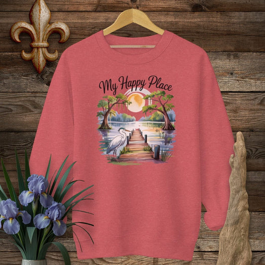 S / Heather Scarlet Red Louisiana My Happy Place Sweatshirt by Laissez Faire Wear
