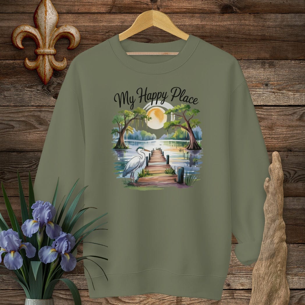 S / Military Green Louisiana My Happy Place Sweatshirt by Laissez Faire Wear
