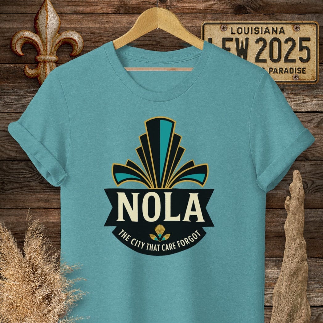S / Heather Galapagos Blue Louisiana NOLA Badge T-Shirt by Laissez Faire Wear