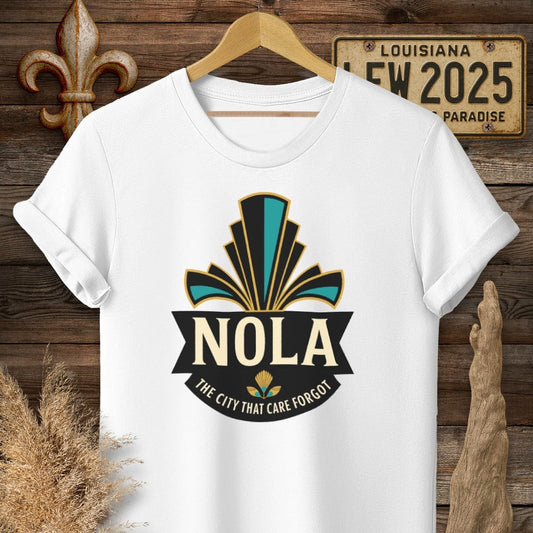 S / White Louisiana NOLA Badge T-Shirt by Laissez Faire Wear