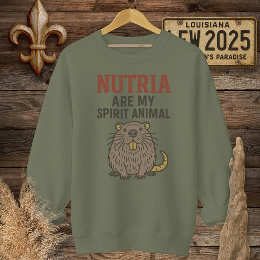 S / Military Green Louisiana Nutria are my Spirit Animal Funny Sweatshirt by Laissez Faire Wear