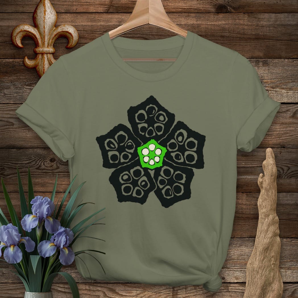 S / Military Green Louisiana Okra Shadow Pod T-Shirt by Laissez Faire Wear