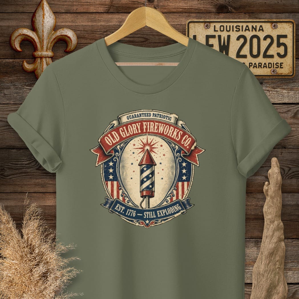 S / Military Green Louisiana Old Glory Fireworks Co T-Shirt by Laissez Faire Wear