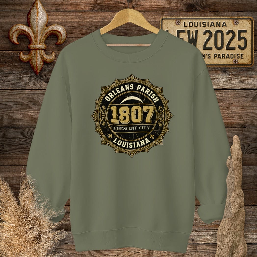 S / Military Green Louisiana Orleans Parish Sweatshirt by Laissez Faire Wear