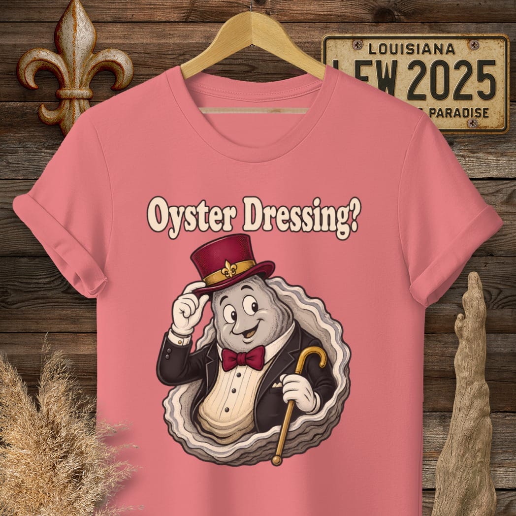 S / Coral Silk Louisiana Oyster Dressing T-Shirt by Laissez Faire Wear