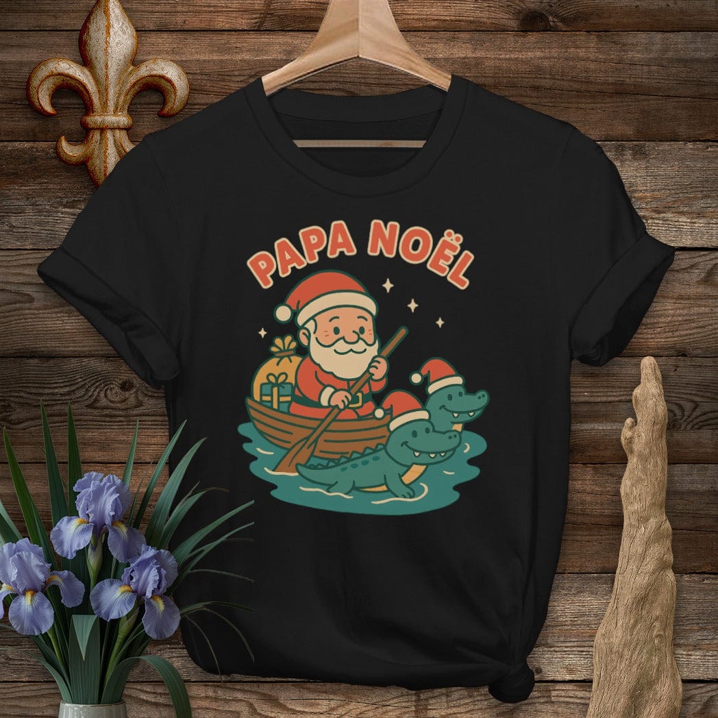S / Black Louisiana Papa Noel Christmas T-Shirt by Laissez Faire Wear