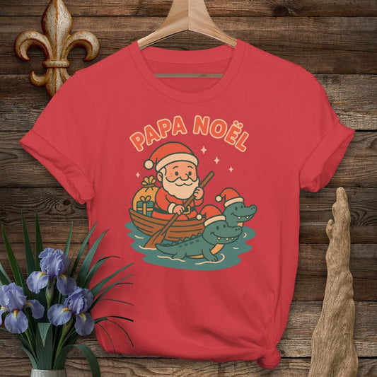 S / Red Louisiana Papa Noel Christmas T-Shirt by Laissez Faire Wear