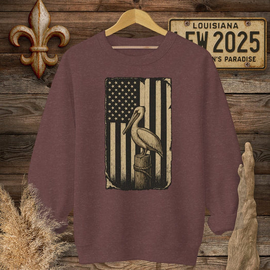 S / Heather Sport Dark Maroon Louisiana Patriotic Pelican American Flag Sweatshirt by Laissez Faire Wear