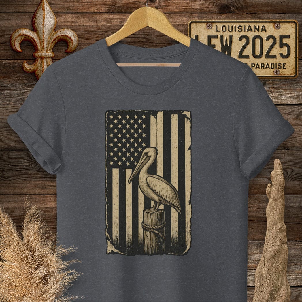 S / Dark Heather Grey Louisiana Patriotic Pelican American Flag T-Shirt by Laissez Faire Wear