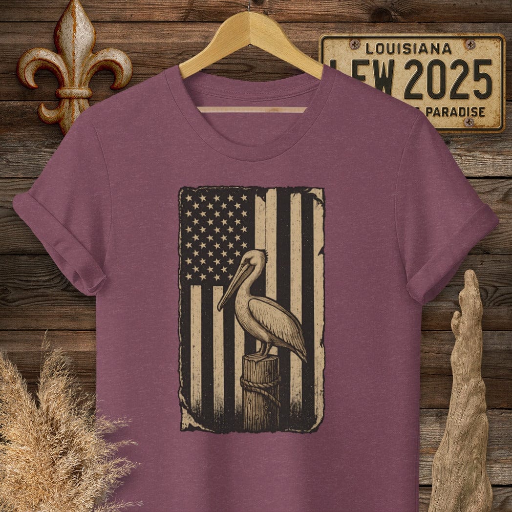 S / Heather Maroon Louisiana Patriotic Pelican American Flag T-Shirt by Laissez Faire Wear