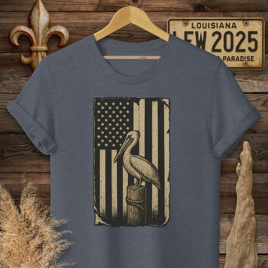 S / Heather Navy Louisiana Patriotic Pelican American Flag T-Shirt by Laissez Faire Wear