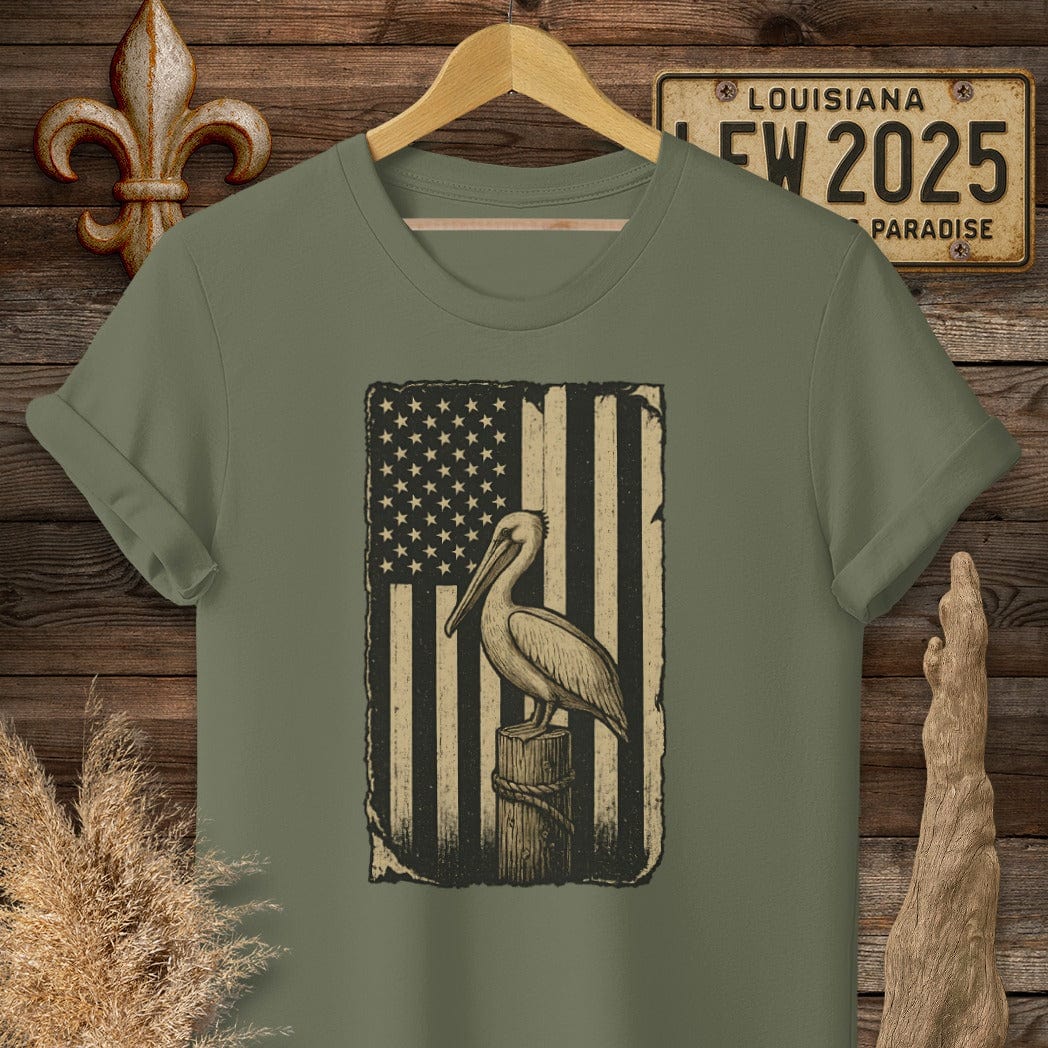 S / Military Green Louisiana Patriotic Pelican American Flag T-Shirt by Laissez Faire Wear