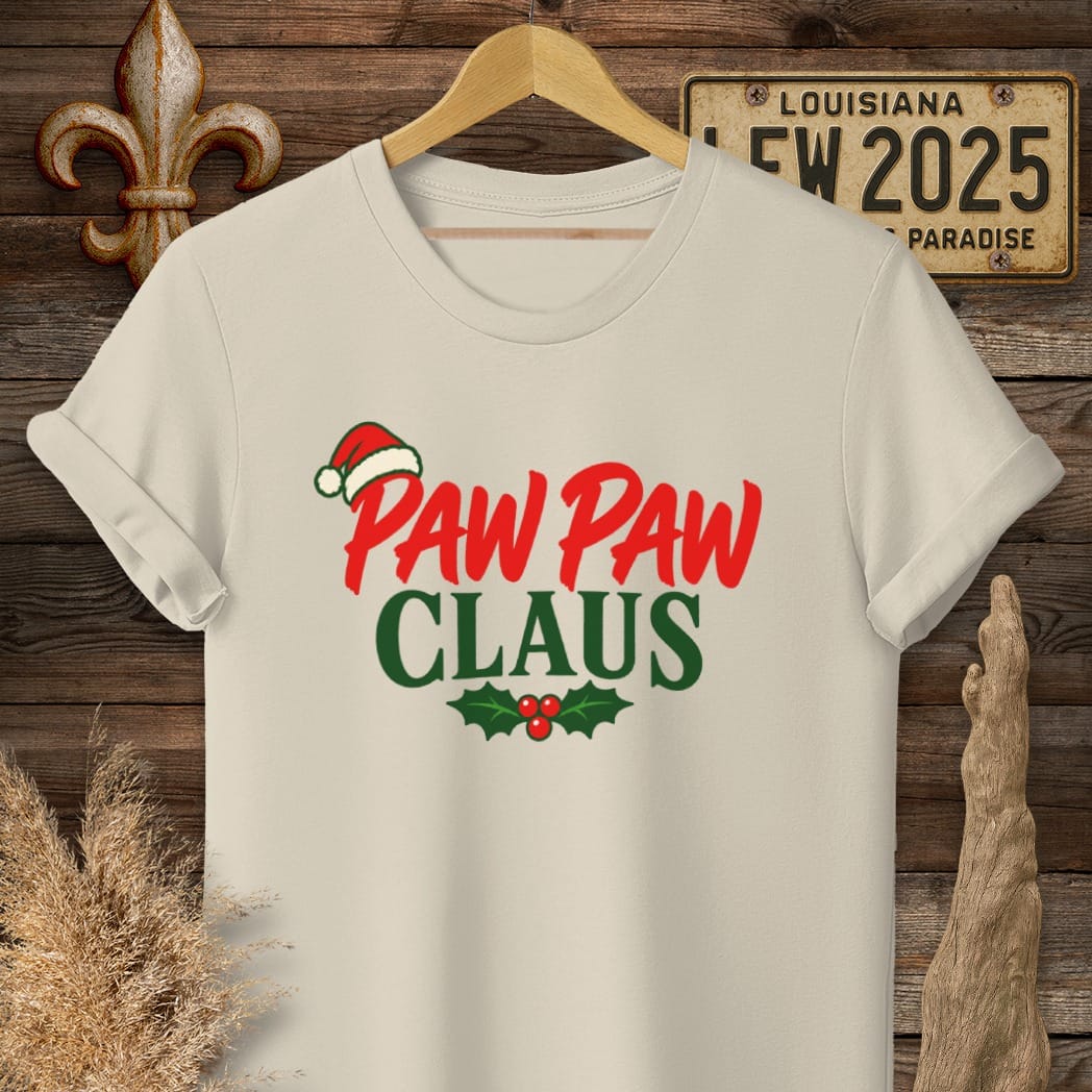 S / Sand Louisiana Paw Paw Claus T-Shirt by Laissez Faire Wear