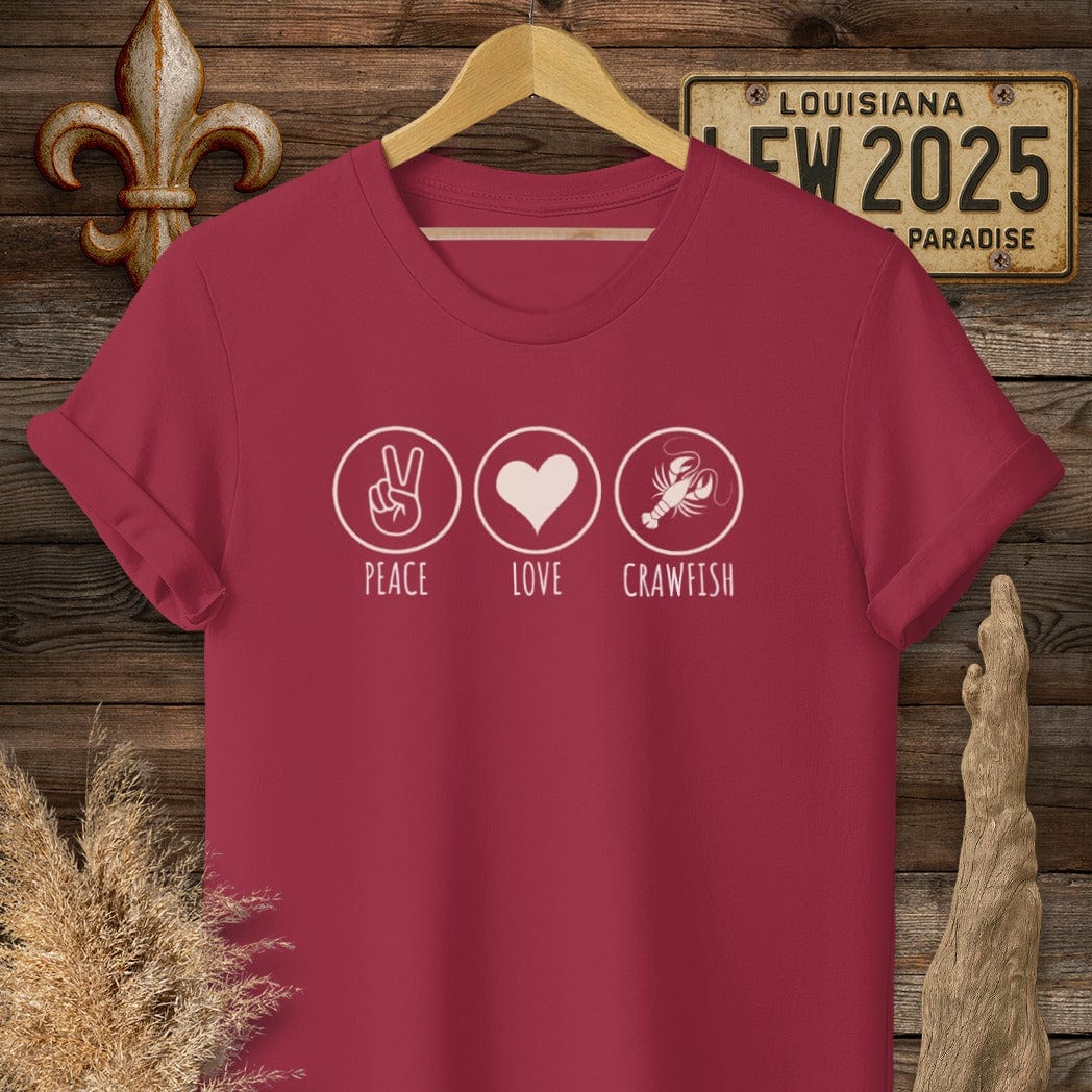 S / Cardinal Red Louisiana Peace, Love, Crawfish T-Shirt by Laissez Faire Wear