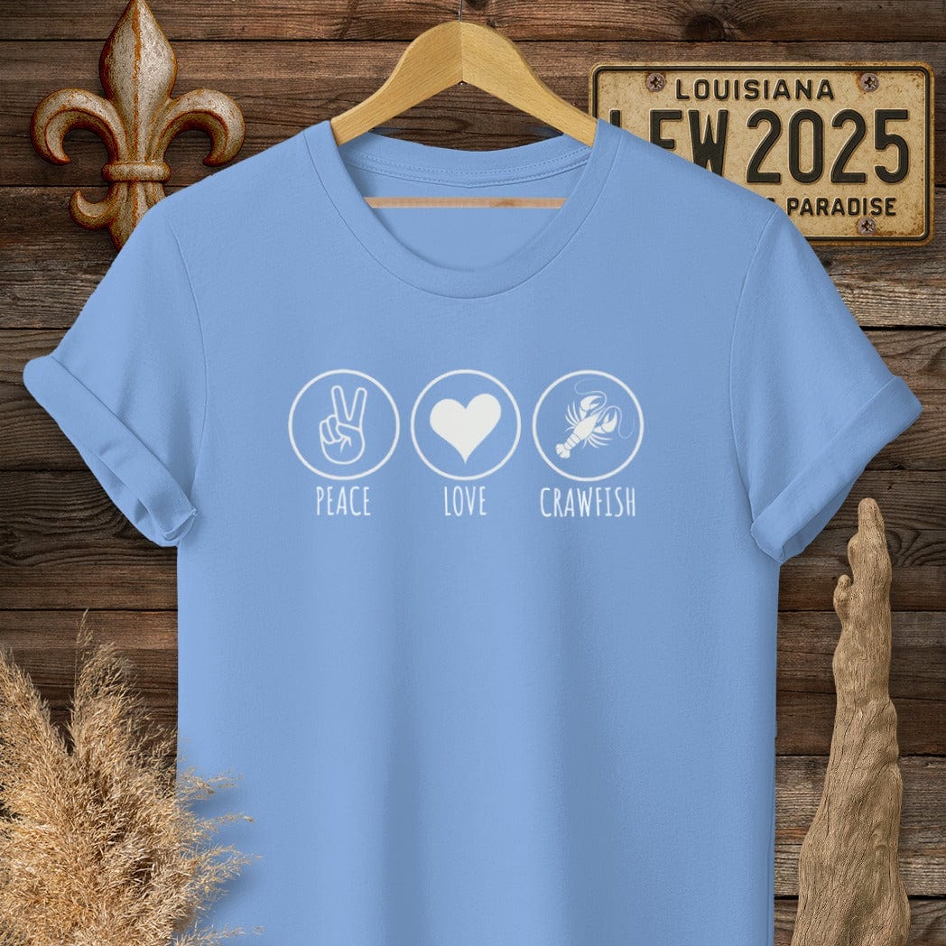 S / Carolina Blue Louisiana Peace, Love, Crawfish T-Shirt by Laissez Faire Wear