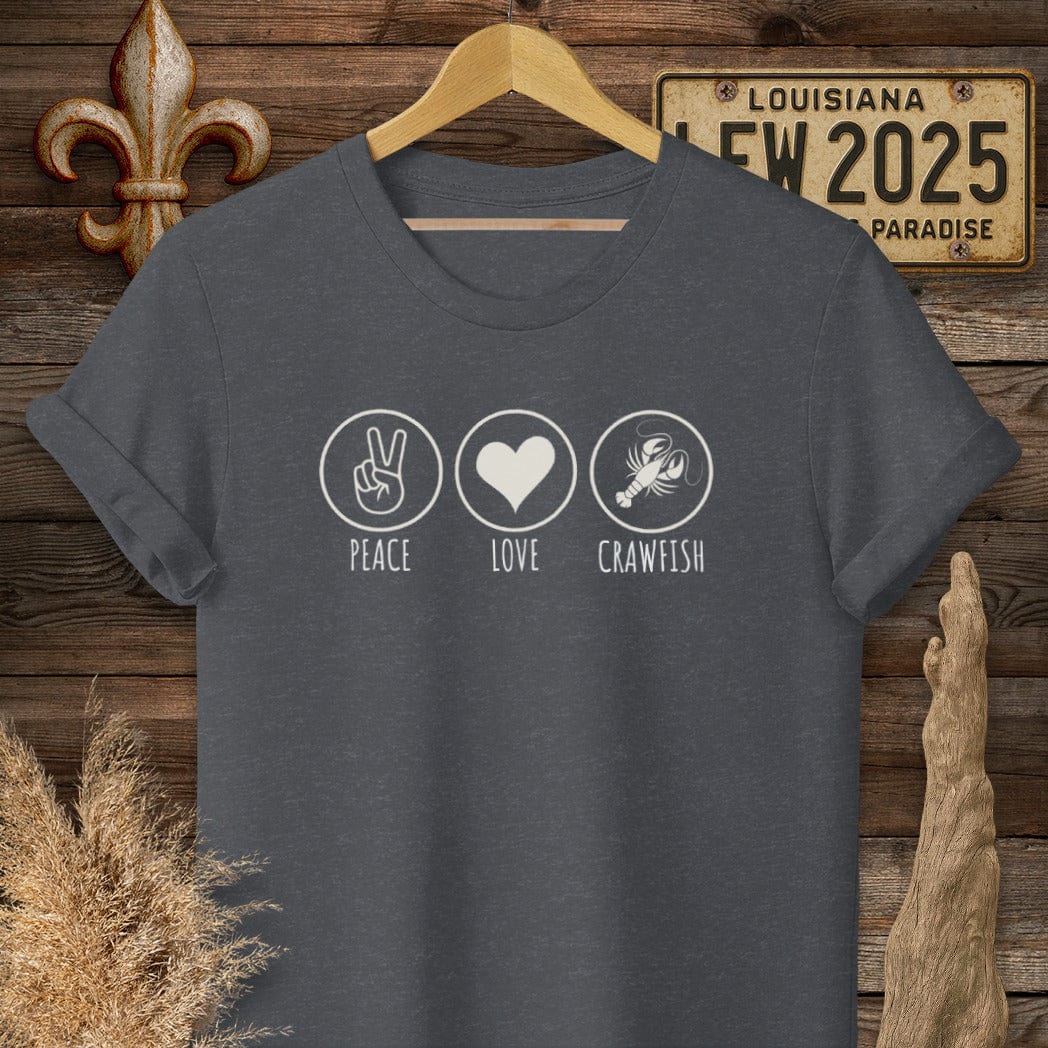 S / Dark Heather Grey Louisiana Peace, Love, Crawfish T-Shirt by Laissez Faire Wear