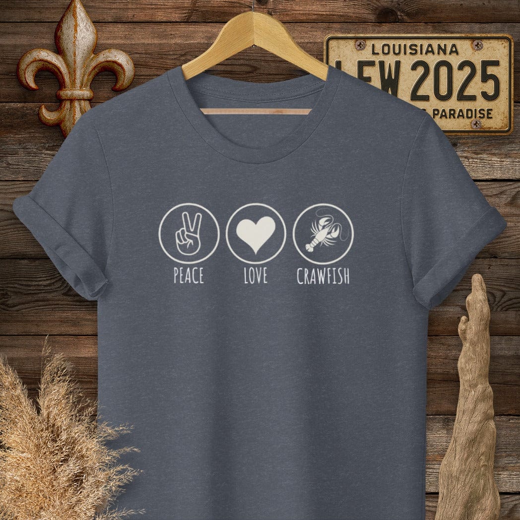 S / Heather Navy Louisiana Peace, Love, Crawfish T-Shirt by Laissez Faire Wear