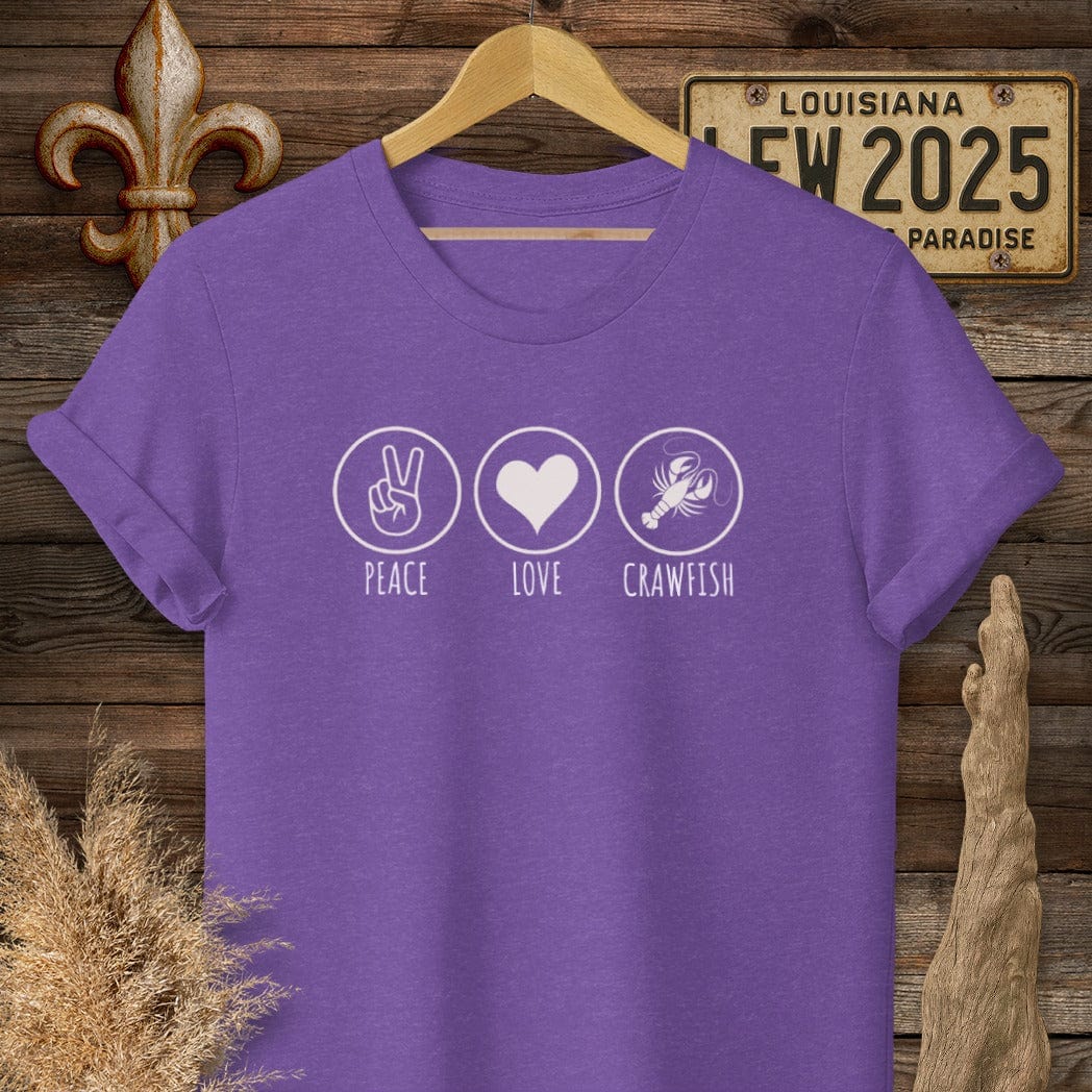S / Heather Purple Louisiana Peace, Love, Crawfish T-Shirt by Laissez Faire Wear