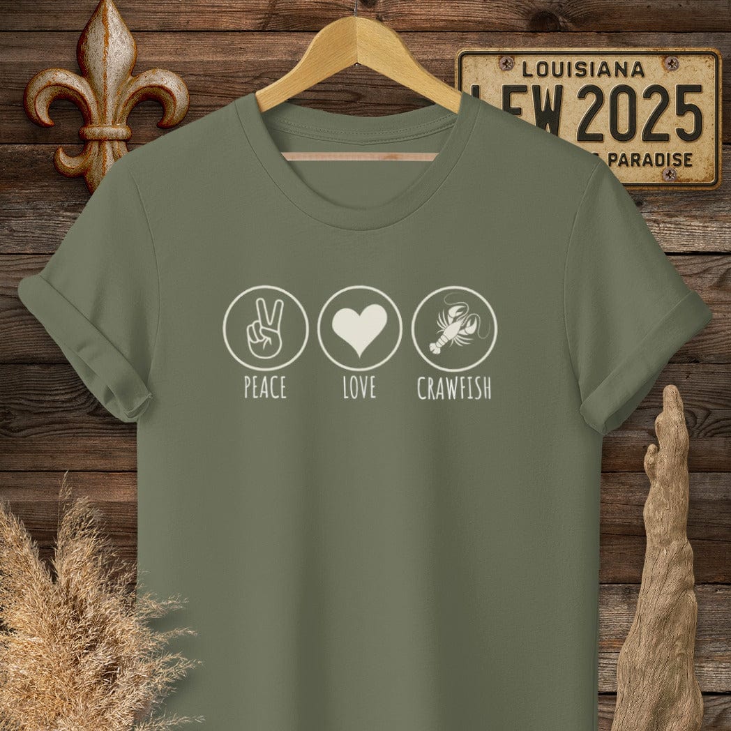 S / Military Green Louisiana Peace, Love, Crawfish T-Shirt by Laissez Faire Wear