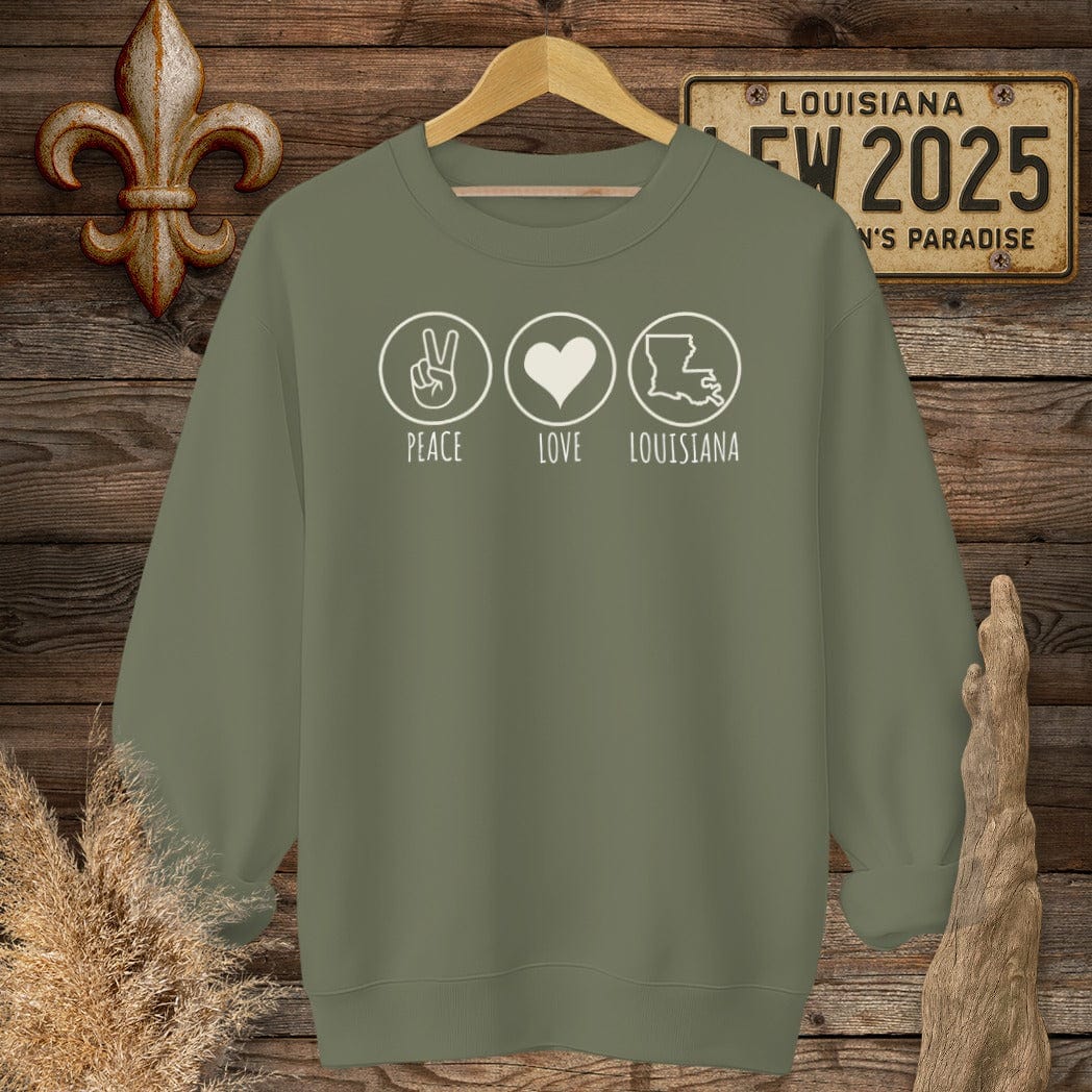 S / Military Green Louisiana Peace, Love, Louisiana Sweatshirt by Laissez Faire Wear