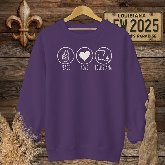 S / Purple Louisiana Peace, Love, Louisiana Sweatshirt by Laissez Faire Wear